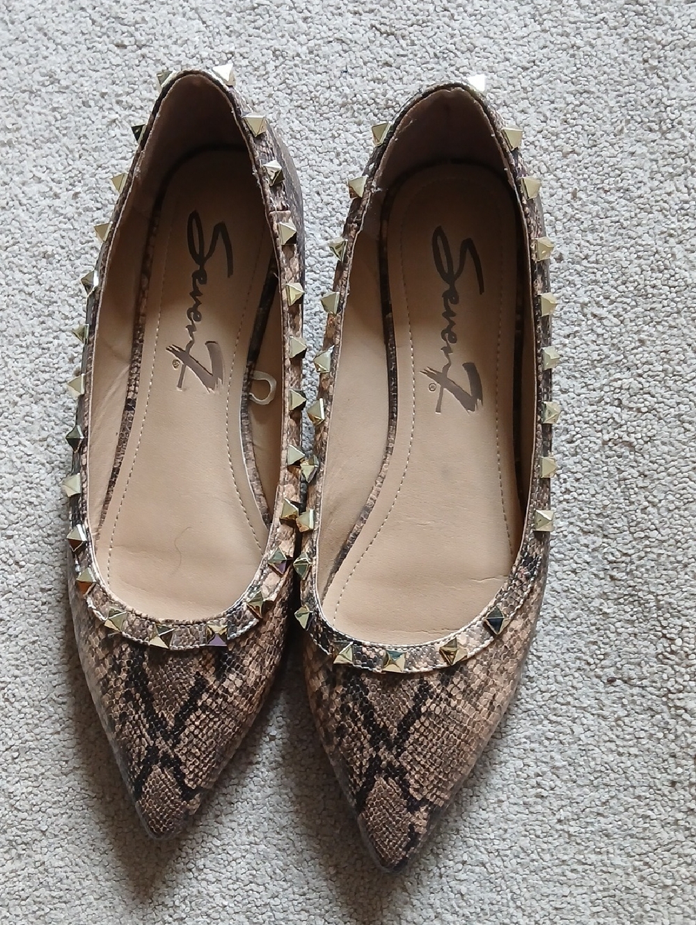 Seven7 Snake-Print Pointed Ballet Flats with Gold Stud Trim - Brown